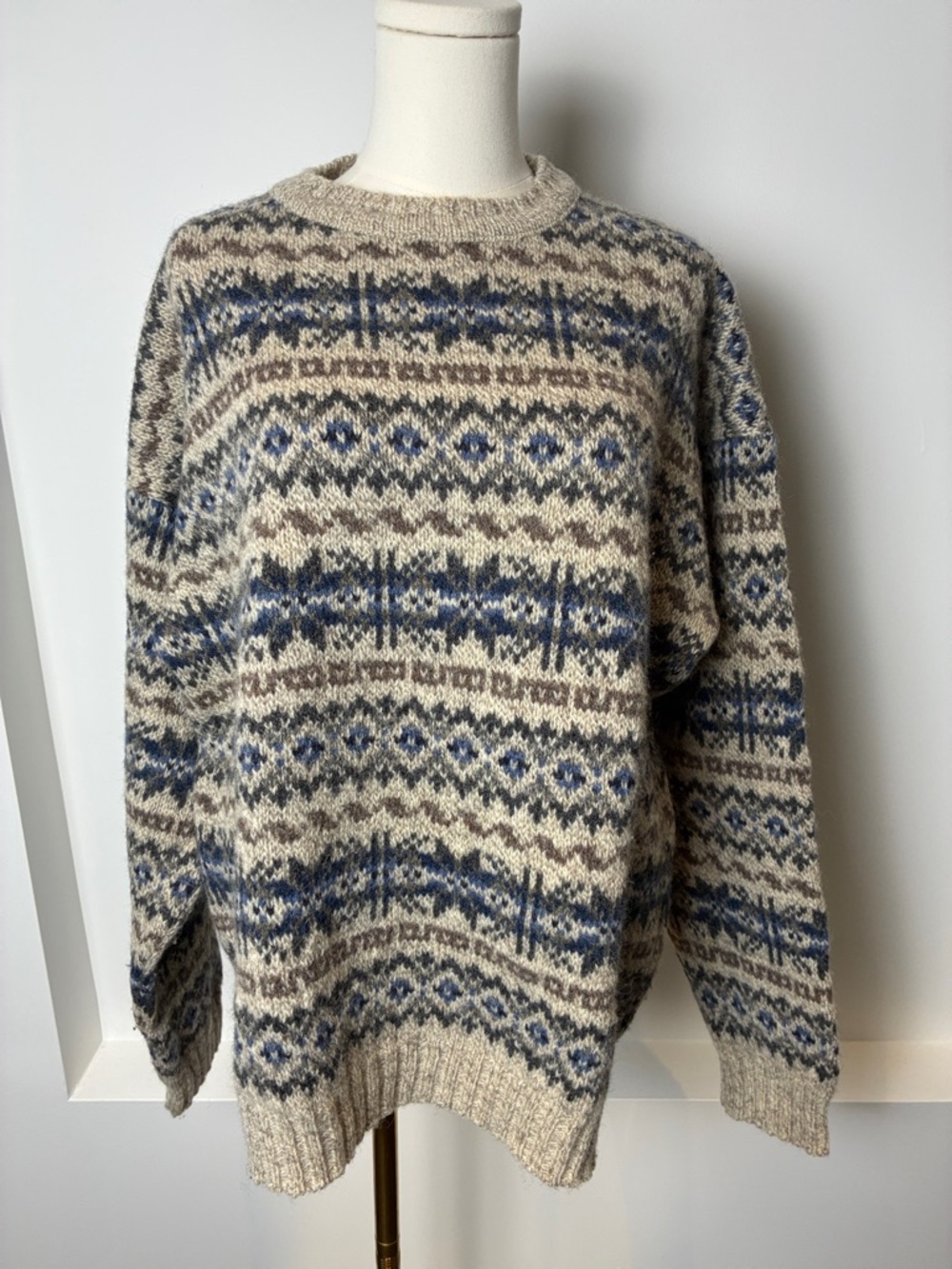 Vintage Woolrich Crewneck Fair Isle Sweater in Cream, Blue & Brown